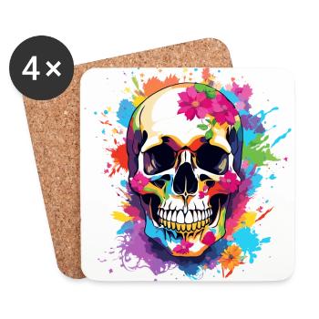 Crâne coloré avec des fleurs - Dessous de verre (lot de 4) - blanc - Devant