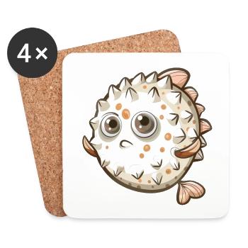 Niedlicher Kugelfisch Zeichentrickfigur - Untersetzer (4er-Set) - Weiß - Vorne
