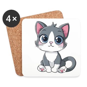 Chat mignon avec de grands yeux et des cœurs de pattes - Dessous de verre (lot de 4) - blanc - Devant