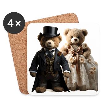 Deux ours en peluche heureux dans des vêtements de mariage - Dessous de verre (lot de 4) - blanc - Devant