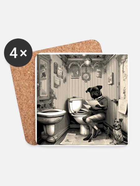 Hund, der im Badezimmer Zeitung liest ,retro look - Untersetzer (4er-Set) - Weiß