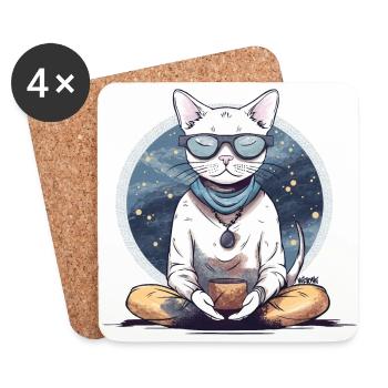 Chat méditant - Dessous de verre (lot de 4) - blanc - Devant