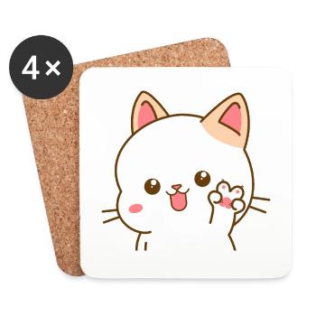 Kawaii Katze macht Frieden V-Zeichen - Untersetzer (4er-Set) - Weiß - Vorne