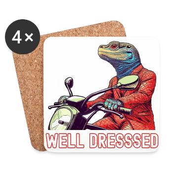 Lizard Riding a motorcycle: Well Dresssed reptile - Coasters (set of 4) - white - Front