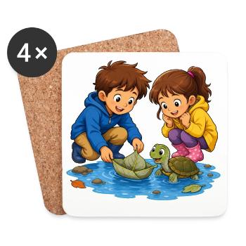 Kinder Schildkröte Blattboot in Pfütze Süß Motiv - Untersetzer (4er-Set) - Weiß - Vorne
