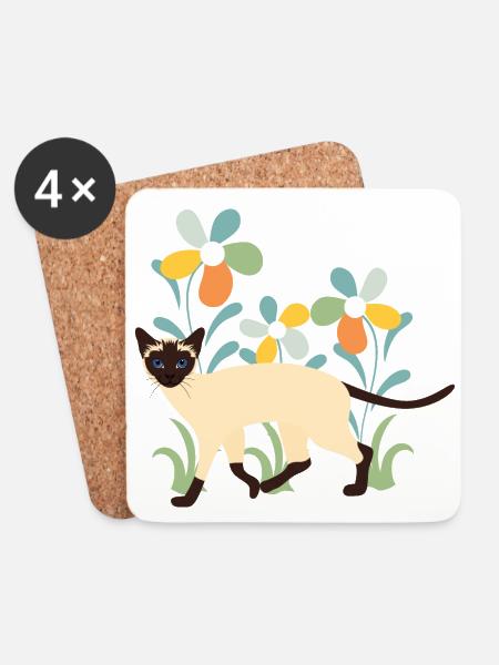 Siamesische Katze und Blumen - Untersetzer (4er-Set) - Weiß