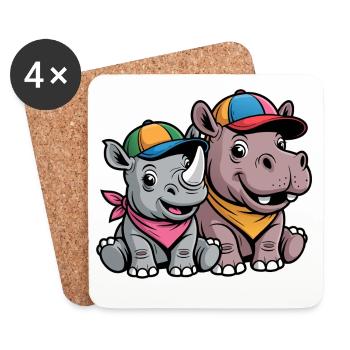 Bébé Rhinocéros et Hippopotame Drôles – Duo d’animaux mignons - Dessous de verre (lot de 4) - blanc - Devant