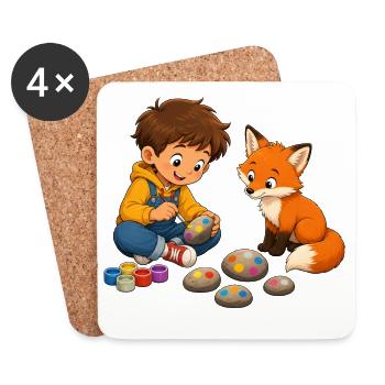 Junge bemalt bunte Steine mit neugierigem Fuchs - Untersetzer (4er-Set) - Weiß - Vorne
