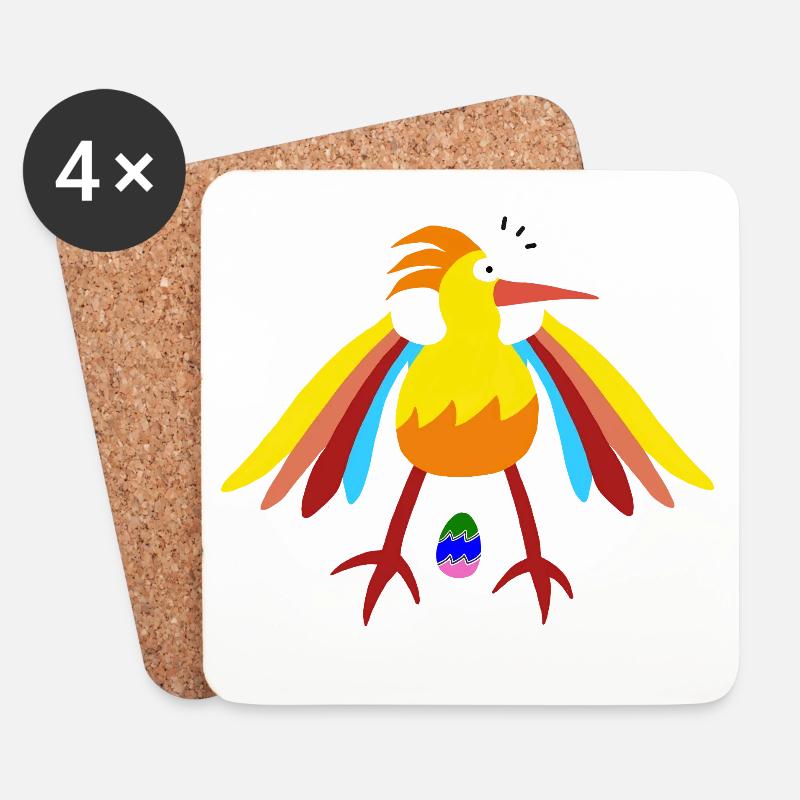Rainbow Feathered Bird with Egg Illustration - Coasters (set of 4) - white