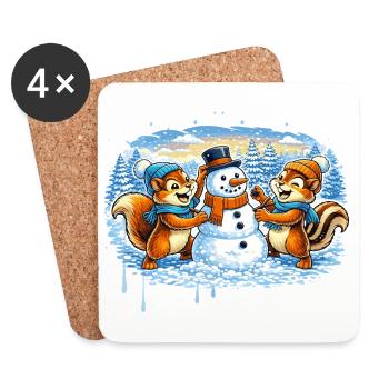 Drôle d’animaux d’hiver construisant un bonhomme de neige – Bande dessinée - Dessous de verre (lot de 4) - blanc - Devant