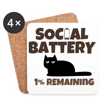Social Battery 1% Remaining Funny Introvert Cat  - Coasters (set of 4) - white - Front