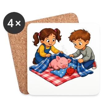 Schwein Mittagsschlaf mit Kindern Kuschelmotiv - Untersetzer (4er-Set) - Weiß - Vorne