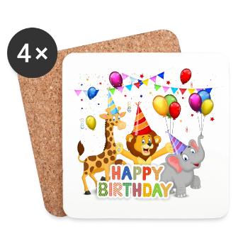 Happy Birthday Zoo Animals with Balloons - Coasters (set of 4) - white - Front
