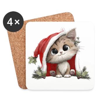 Kätzchen im roten Weihnachtshut Weihnachtskatze - Untersetzer (4er-Set) - Weiß - Vorne