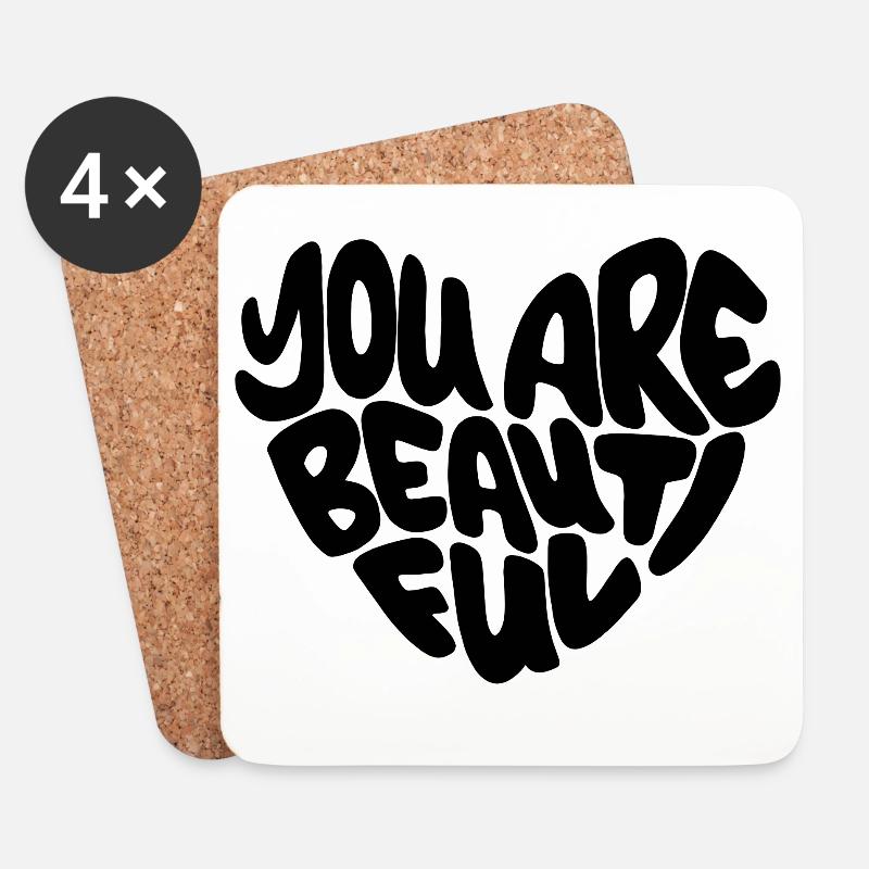 you are beautiful - Lettering / schwarz herzform - Untersetzer (4er-Set) - Weiß