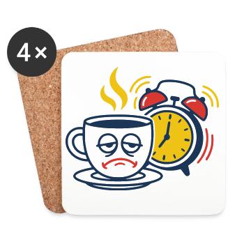 Tired Coffee & Alarm Clock – Funny Morning Grouch Motif - Coasters (set of 4) - white - Front