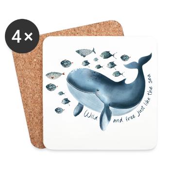 Liberté pour l’espoir - Baleine bleue avec banc de poissons - Dessous de verre (lot de 4) - blanc - Devant