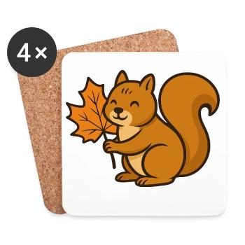 Cute Squirrel with Autumn Leaf Cartoon - Coasters (set of 4) - white - Front