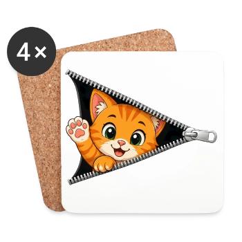 Cute Kitten Zipper Cat - Coasters (set of 4) - white - Front