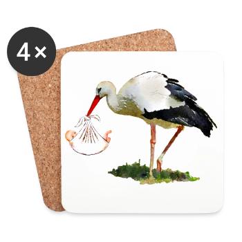 Cigogne avec bébé dans une écharpe - Dessous de verre (lot de 4) - blanc - Devant