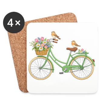 Vintage Bicycle with Flowers Illustration - Coasters (set of 4) - white - Front
