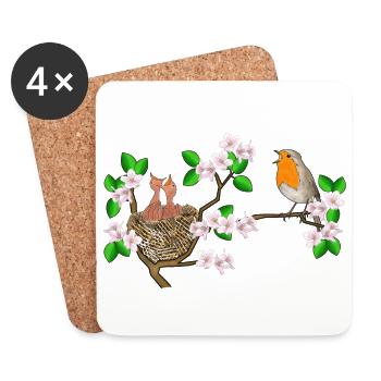 Robins, nest, cherry blossoms - Coasters (set of 4) - white - Front