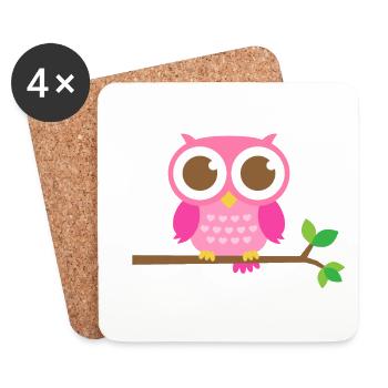 Hibou rose mignon sur une branche - Dessous de verre (lot de 4) - blanc - Devant