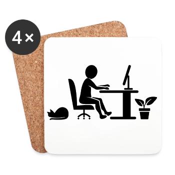 Home Office mit Katze und Zimmerpflanze - Untersetzer (4er-Set) - Weiß - Vorne