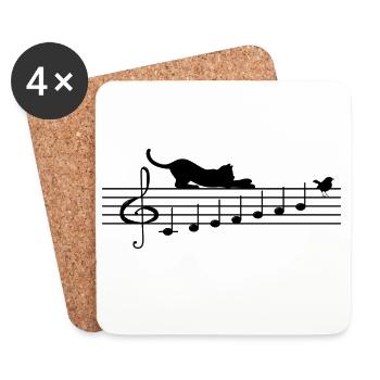 T Shirt Lustige Katze Notiz Noten Musik Vogel - Untersetzer (4er-Set) - Weiß - Vorne