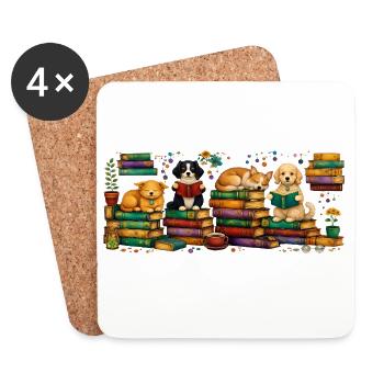 Lesende Hunde mit Bücherstapeln - Untersetzer (4er-Set) - Weiß - Vorne