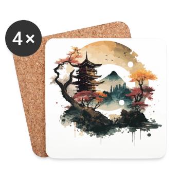 Art traditionnel japonais de la gravure sur bois - Dessous de verre (lot de 4) - blanc - Devant