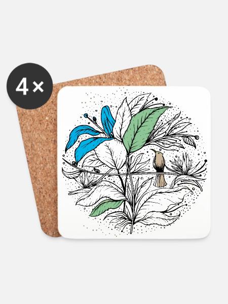 Blume mit Vogel - Untersetzer (4er-Set) - Weiß