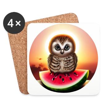 Hibou sur pastèque au coucher du soleil - Dessous de verre (lot de 4) - blanc - Devant