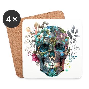 Crâne, fleurs, crâne, crâne mexicain - Dessous de verre (lot de 4) - blanc - Devant