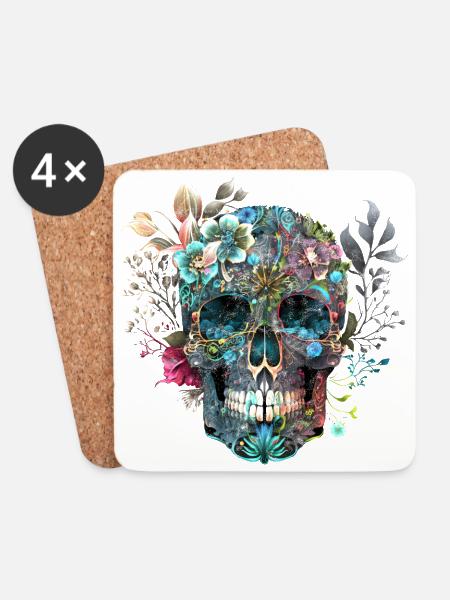 Mexikanischer Totenkopf, Blumen, Schädel, skull - Untersetzer (4er-Set) - Weiß