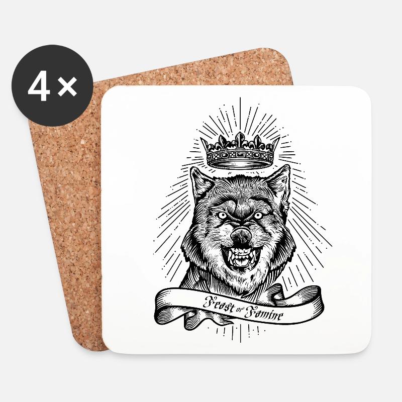 "Fest oder Hunger" gekrönter Wolf - Untersetzer (4er-Set) - Weiß