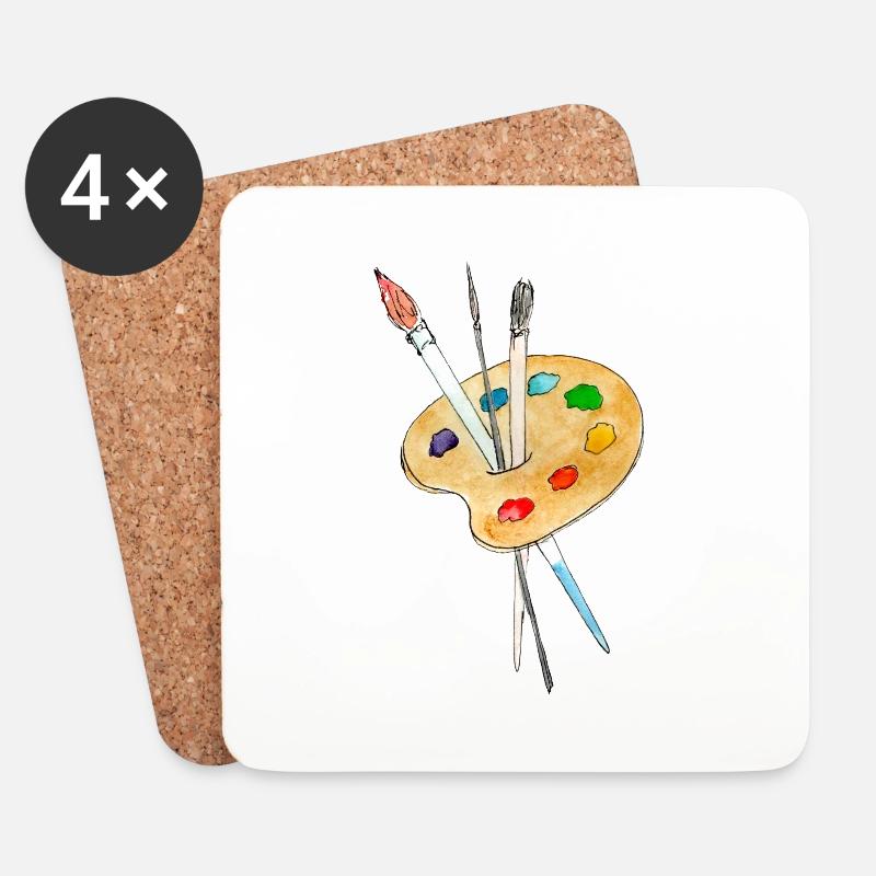 Palette, Farben und Pinsel - Untersetzer (4er-Set) - Weiß