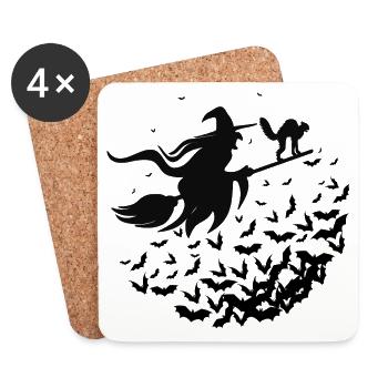Witch and her cat on her Broom - Halloween - Coasters (set of 4) - white - Front