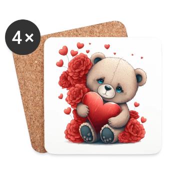 Cute teddy bear with red flowers and hearts - Coasters (set of 4) - white - Front