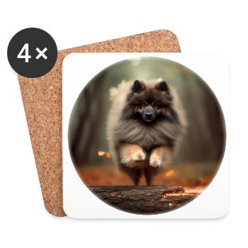 Keeshond Dog Leap over a trunk in Autumn Wood - Coasters (set of 4) - white - Front