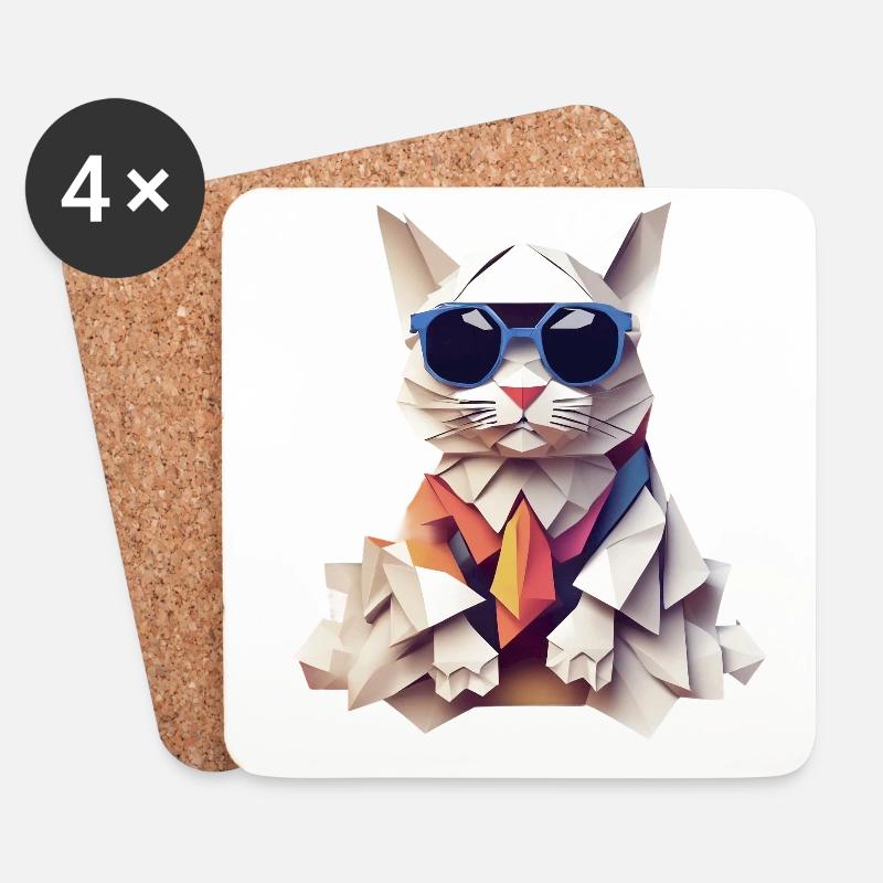Coole Katze im Origami-Style IX - Untersetzer (4er-Set) - Weiß