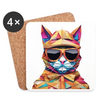 Coole Katze im Origami-Style V - Untersetzer (4er-Set) - Weiß - Vorne