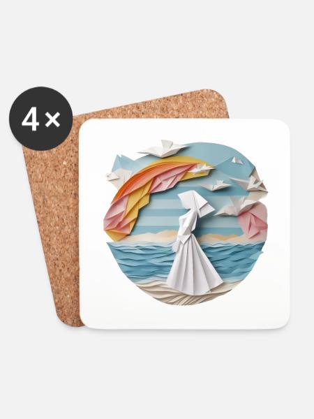 Frau am Strand im Origamigewand - Untersetzer (4er-Set) - Weiß