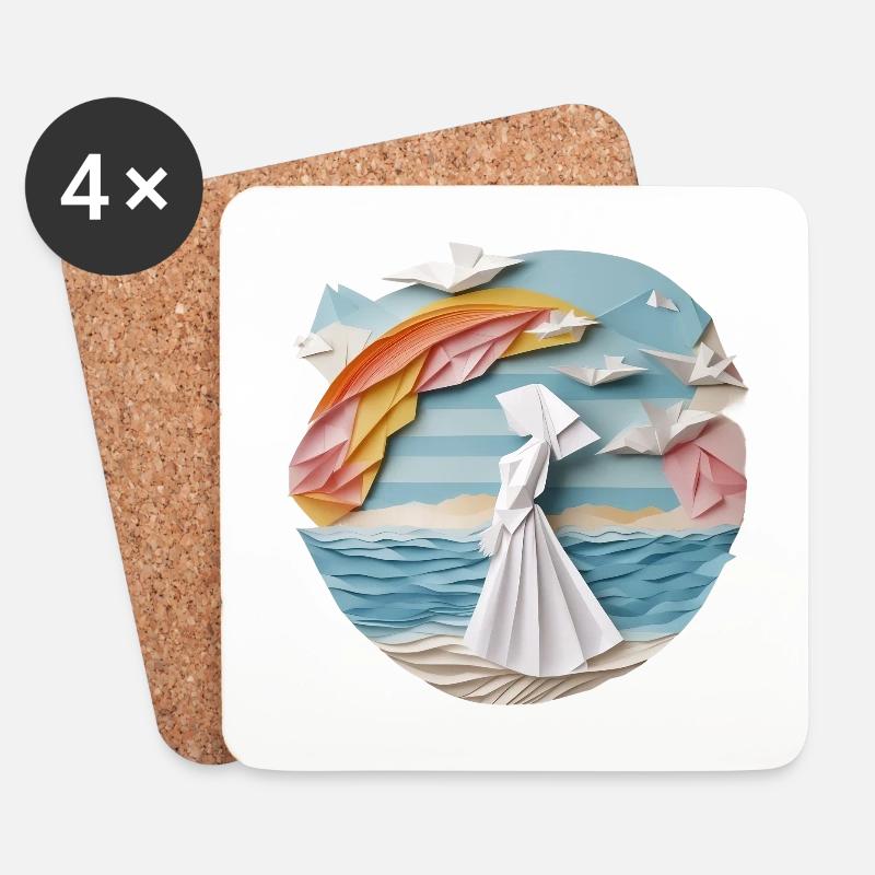 Frau am Strand im Origamigewand - Untersetzer (4er-Set) - Weiß