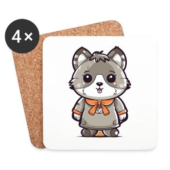 Raton laveur - Style Kawaii - Dessous de verre (lot de 4) - blanc - Devant