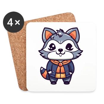 Raton laveur - Style Kawaii - Dessous de verre (lot de 4) - blanc - Devant