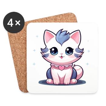 Chat - Style Kawaii - Dessous de verre (lot de 4) - blanc - Devant