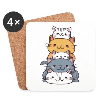 Cat - Kawaii Style - Coasters (set of 4) - white - Front