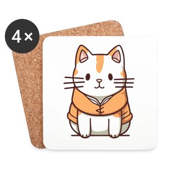 Chat - Style Kawaii - Dessous de verre (lot de 4) - blanc - Devant