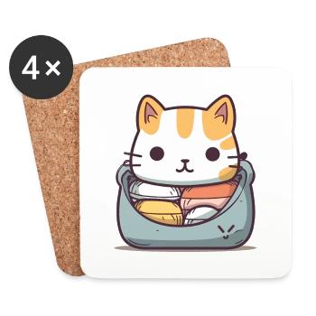 Chat - Style Kawaii - Dessous de verre (lot de 4) - blanc - Devant